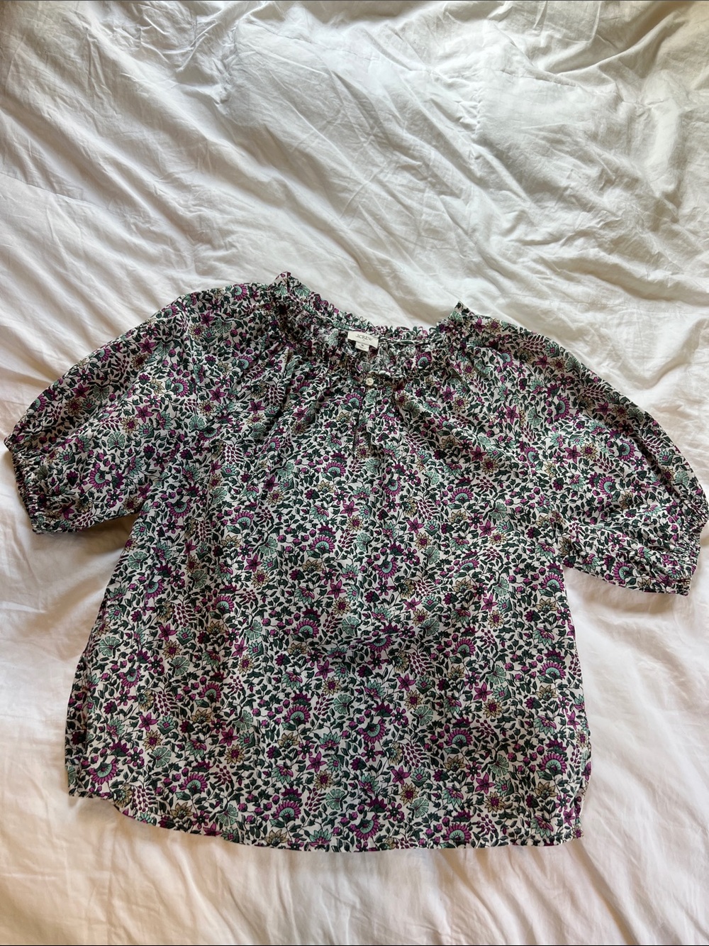 J.Crew Floral Ruffle Neck Blouse Women’s Small Multicolor Cottagecore Boho